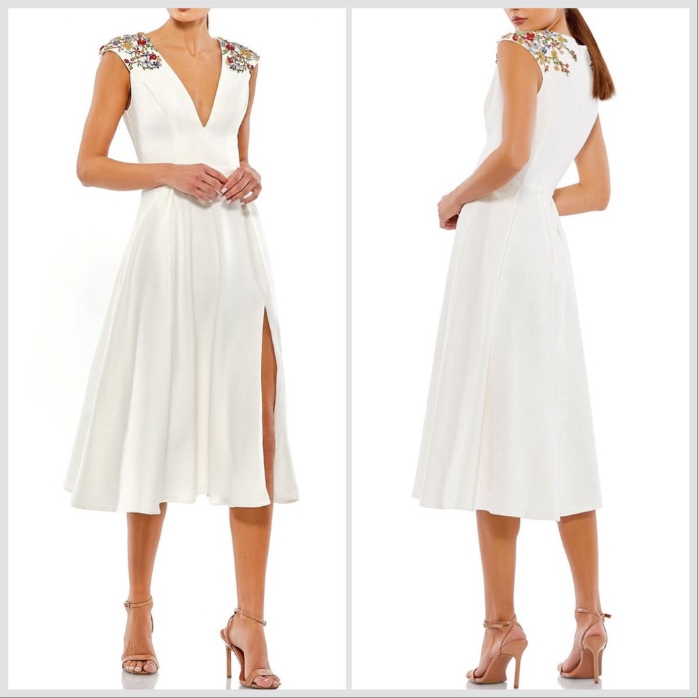Mac Duggal White Midi Dress with Multicolor Embellished Shoulders
